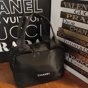 Black Nylon Quilted-Look Top-Handle Toiletry Pouch